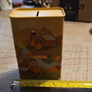 Hallmark Country Scene Tin Coin Bank - Yellow and Brown
